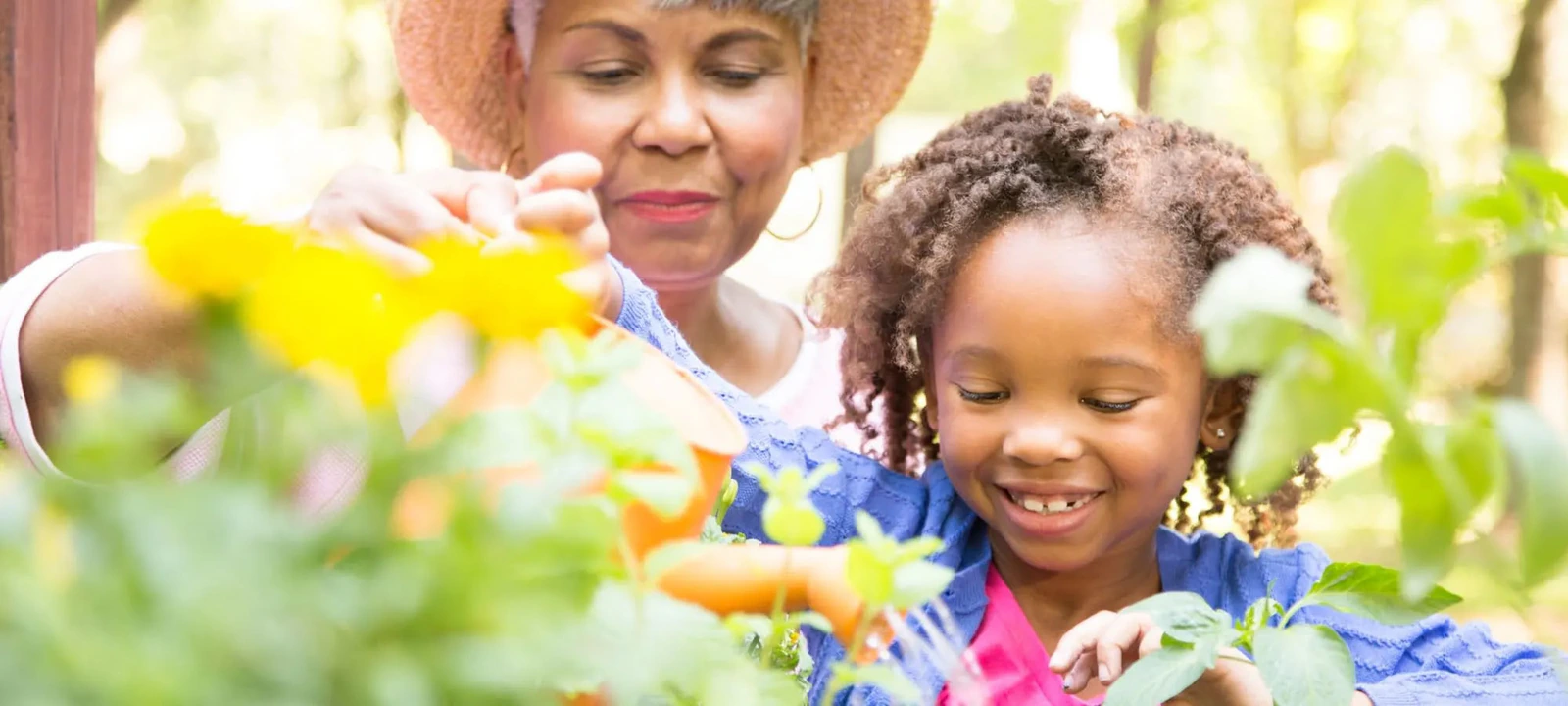 Family members spending time together in a garden